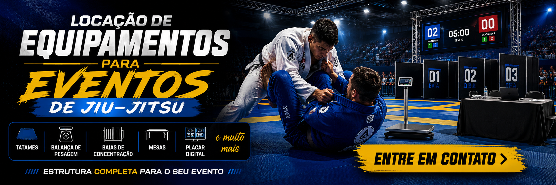 Locação de equipamentos para eventos de Jiu-Jitsu: tatames, balança de pesagem, baias de concentração, mesas, placar digital e muito mais.