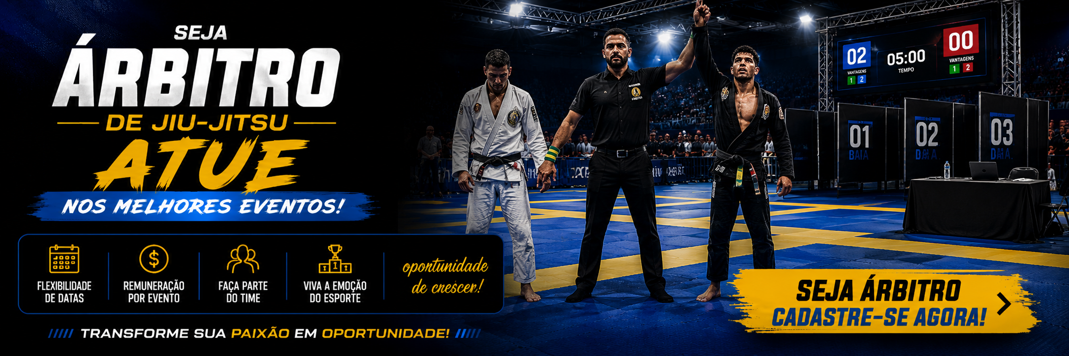 Seja árbitro de jiu-jitsu na CombateJJ. Atue nos melhores eventos — cadastre-se agora.